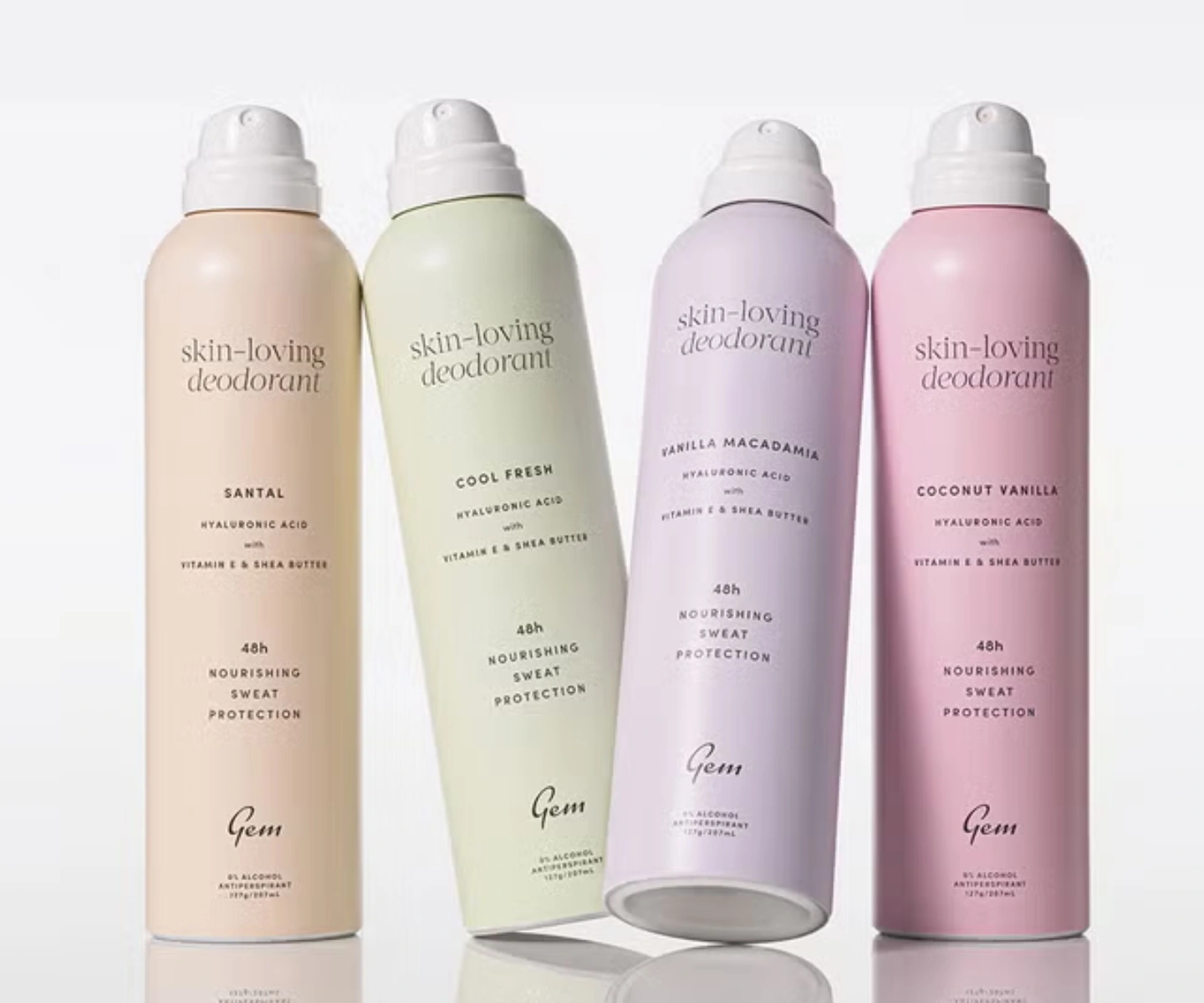 GEM skin-loving deodorant range — Santal, Cool Fresh, Vanilla Macadamia and Coconut Vanilla