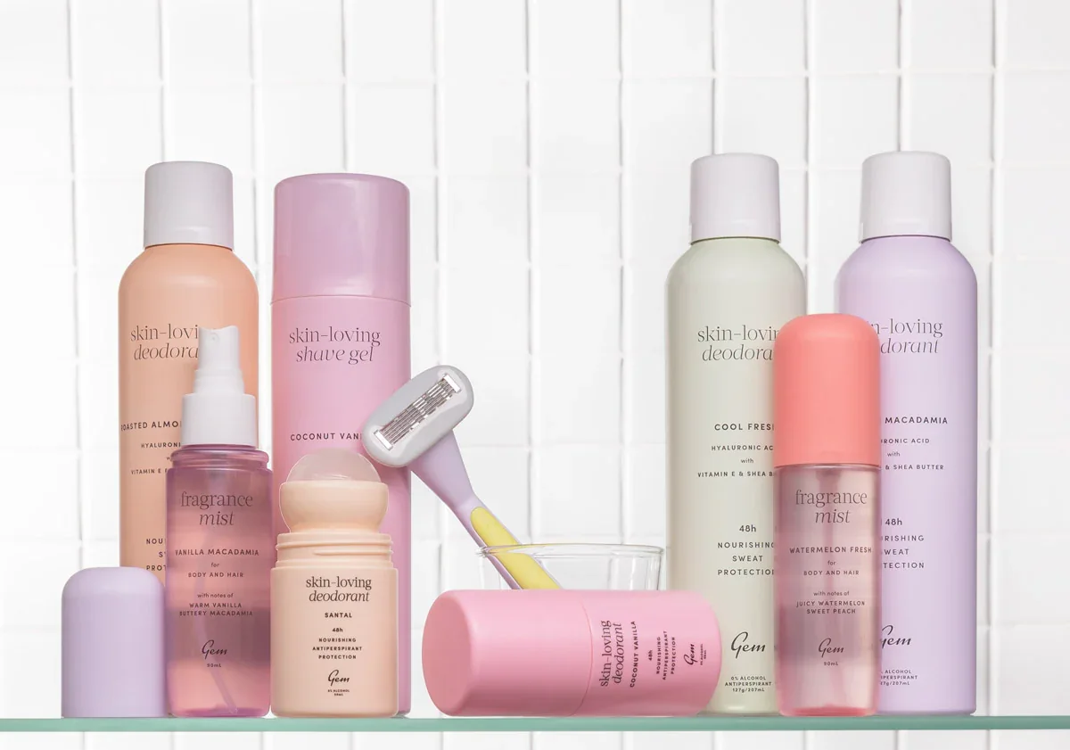 GEM clean personal-care range — deodorant, body and grooming products in pastel packaging