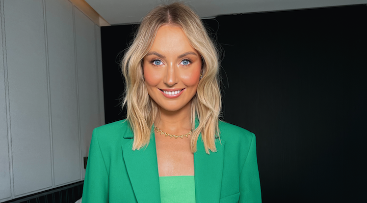 Rachael Wilde, co-founder of tbh skincare and CMO of York St Brands, photographed in a green blazer