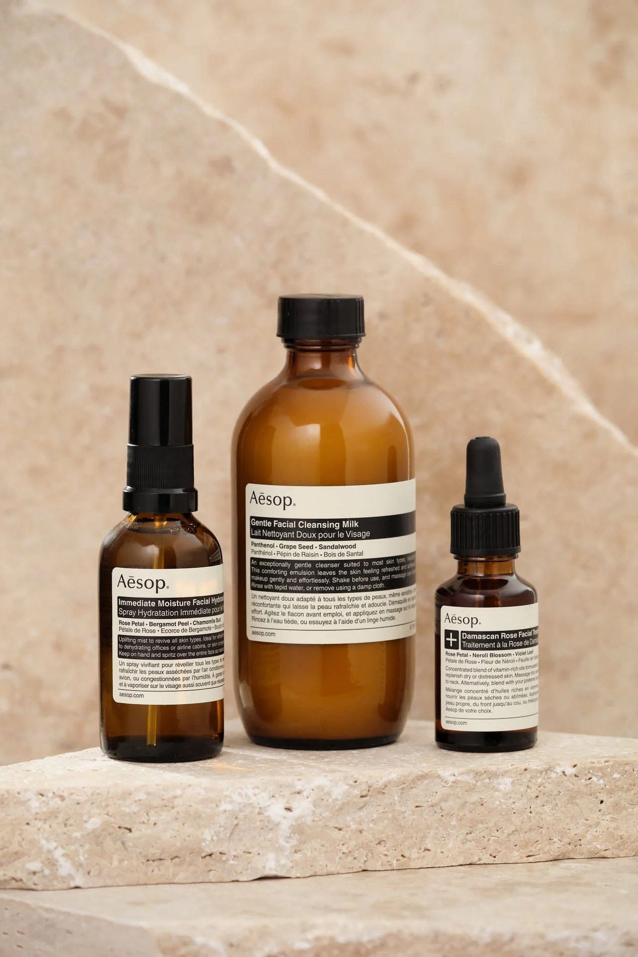 Aesop Damascan Rose trio — skincare brand editorial