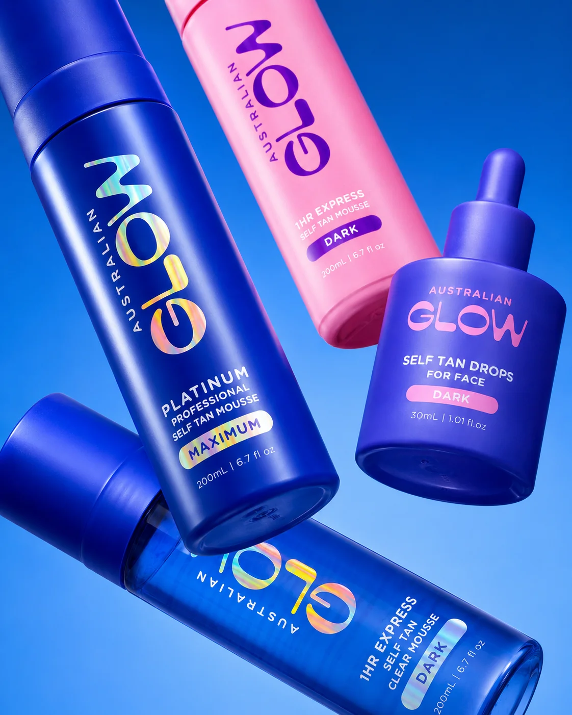 Australian Glow 1HR Express, Drops and Platinum — the hero range on cobalt
