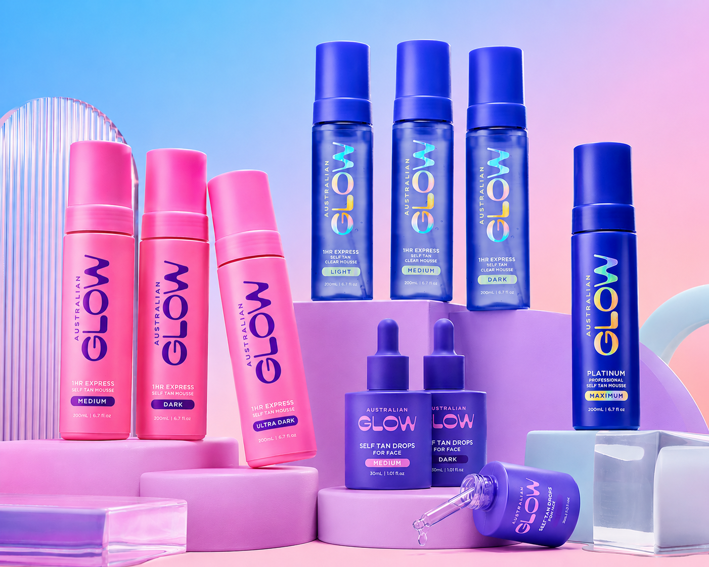 Australian Glow full range on lilac platforms — gradient backdrop