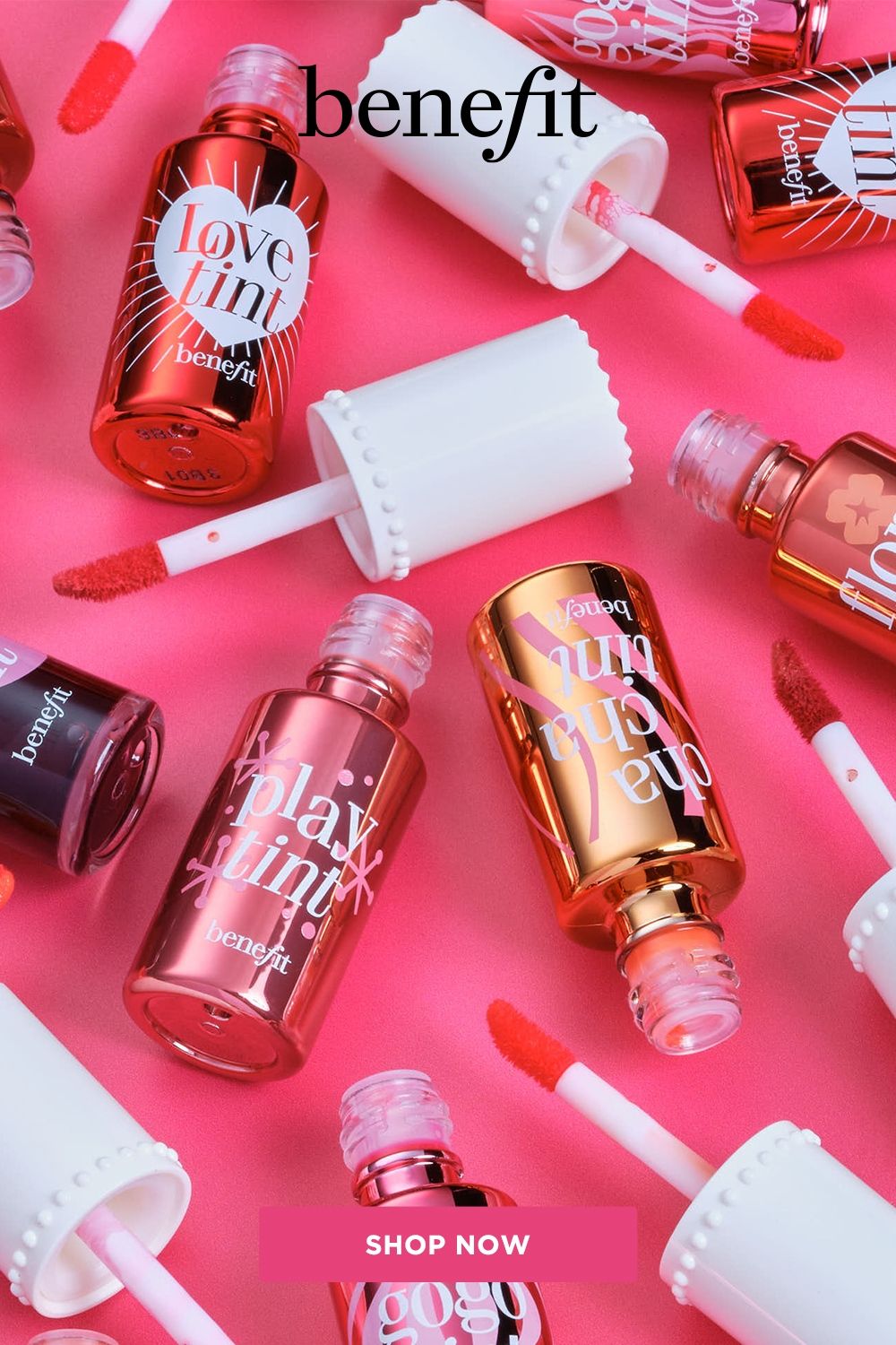 Benefit Love Tint and Play Tint flatlay on pink