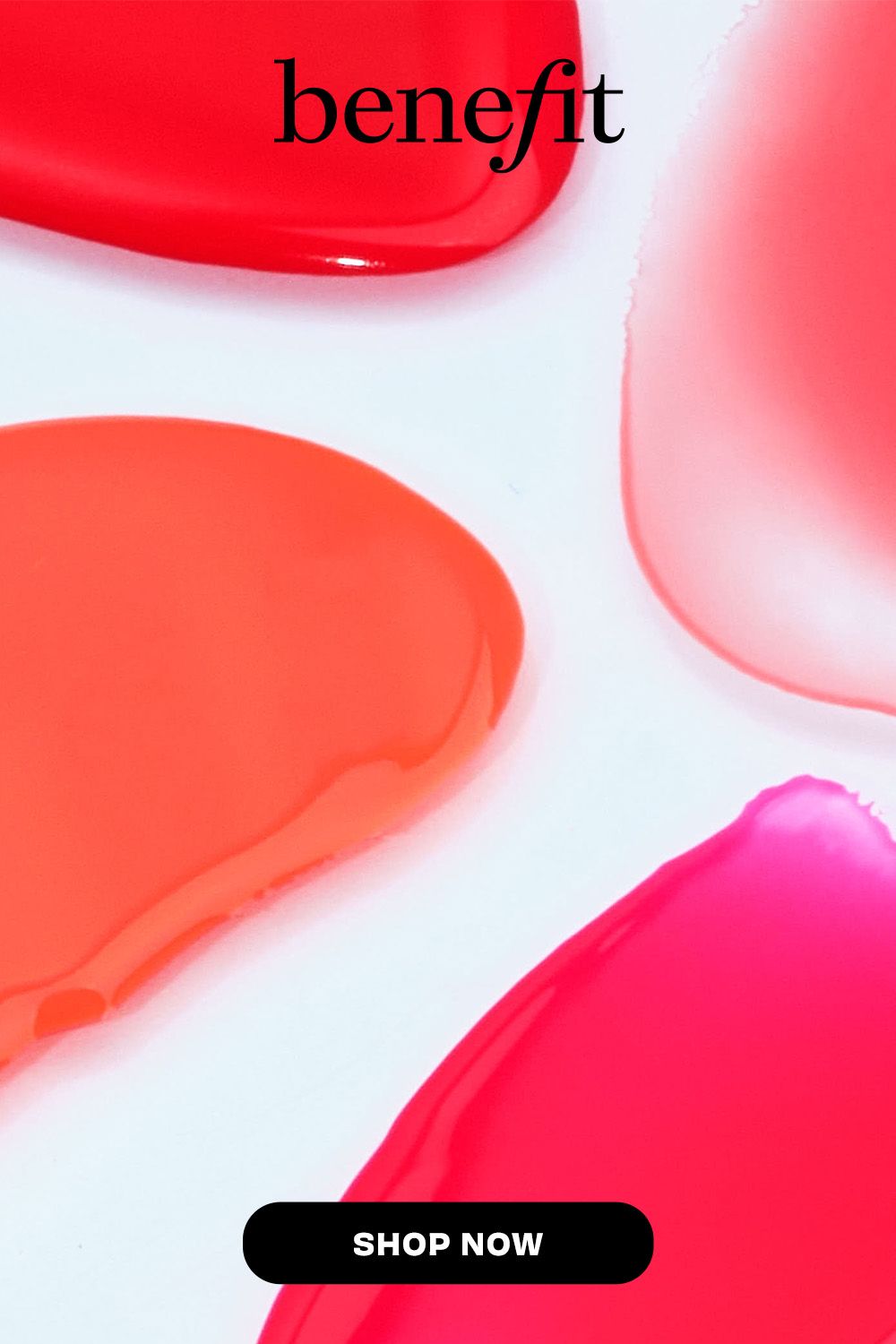 Benefit tint swatches in red, orange and pink