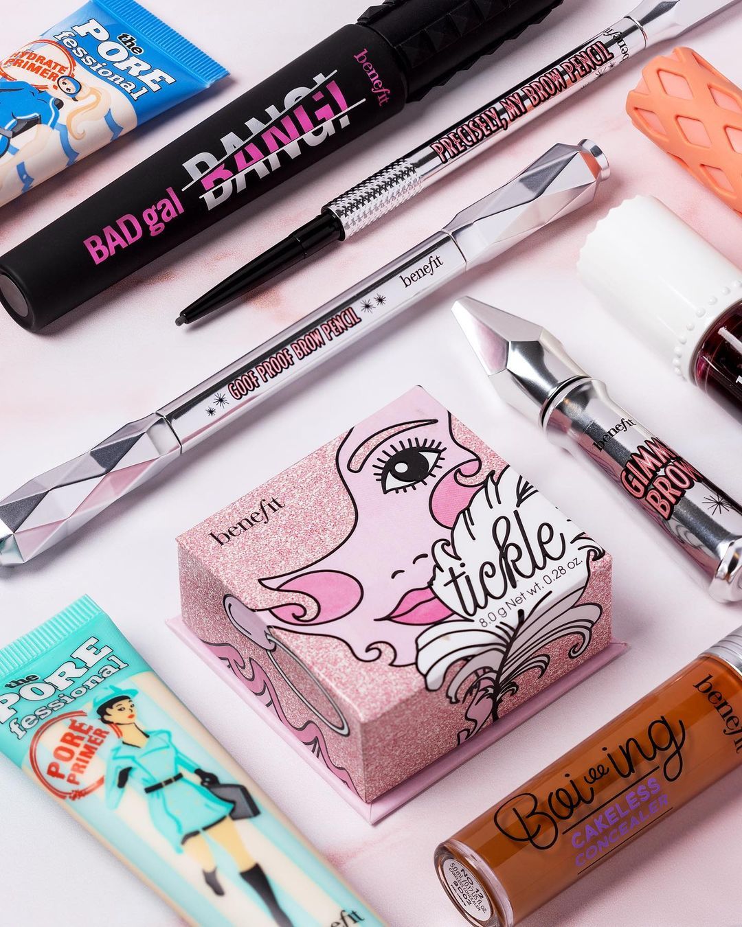 Benefit cult products flatlay &mdash; BADgal, Tickle, Boi-ing