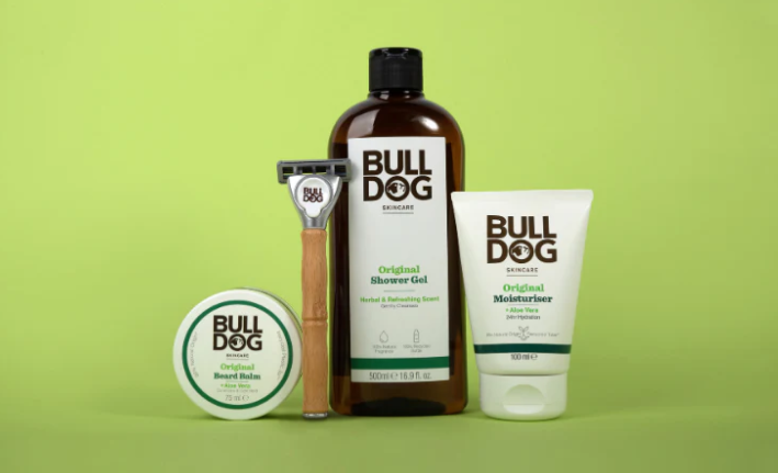 Bulldog Original trio — Beard Balm, Shower Gel and Moisturiser on green