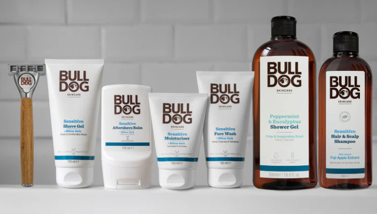 Bulldog Sensitive and Peppermint & Eucalyptus range — full bathroom shelf