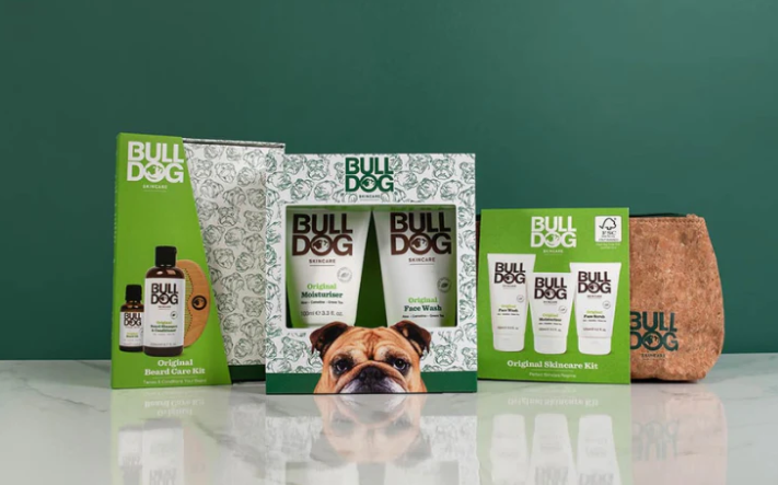 Bulldog Original gift set — Skincare Kit, Beard & Face Kit, and Original Skincare Kit on green marble