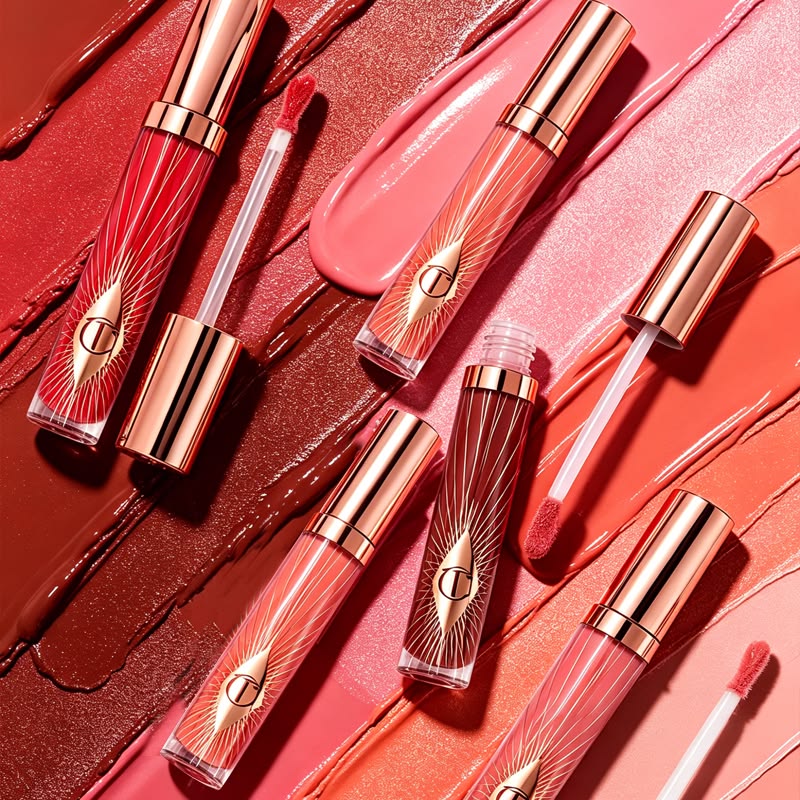 Charlotte Tilbury Collagen Lip Bath gloss flatlay on coral lipstick swirls