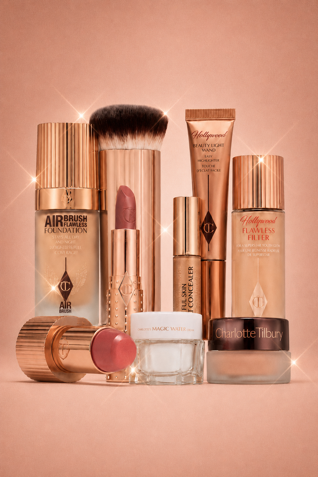 Charlotte Tilbury Airbrush Flawless Foundation, Pillow Talk lipstick, Hollywood Flawless Filter and Magic Cream on rose