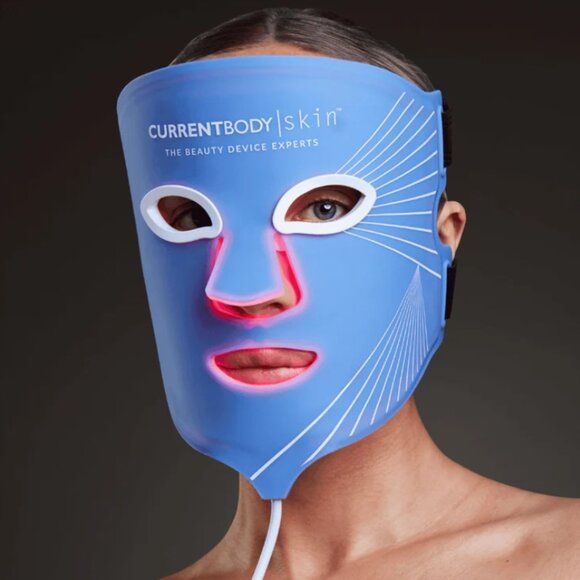CurrentBody Skin LED Mask in blue silicone portrait — the flexible at-home device