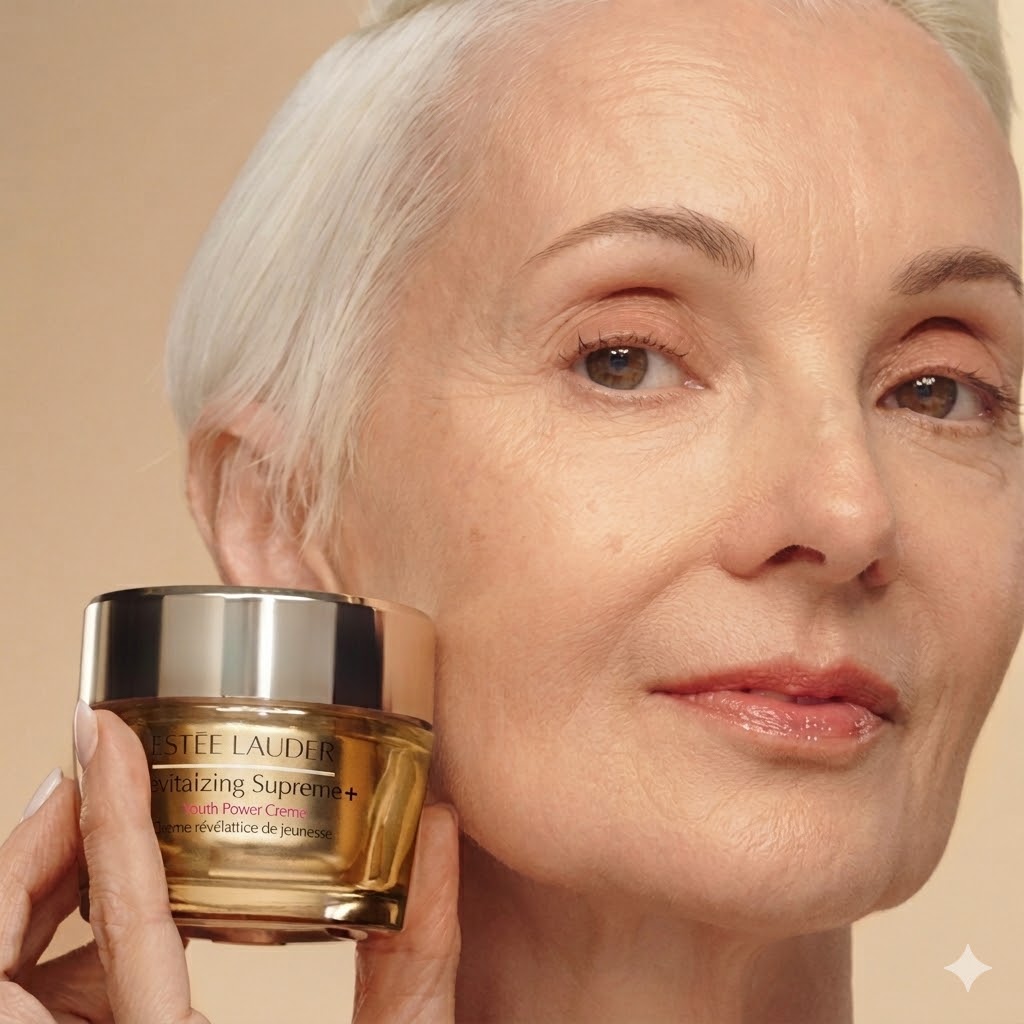 Estée Lauder Revitalizing Supreme+ on silver-haired model