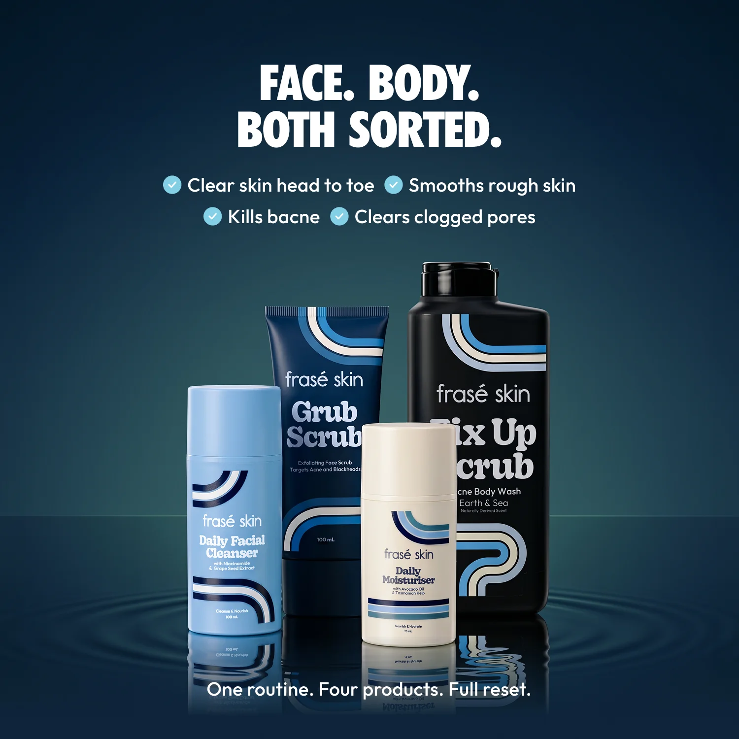 Frasé Skin full lineup — Daily Facial Cleanser, Grub Scrub, Daily Moisturiser, Fix Up Scrub
