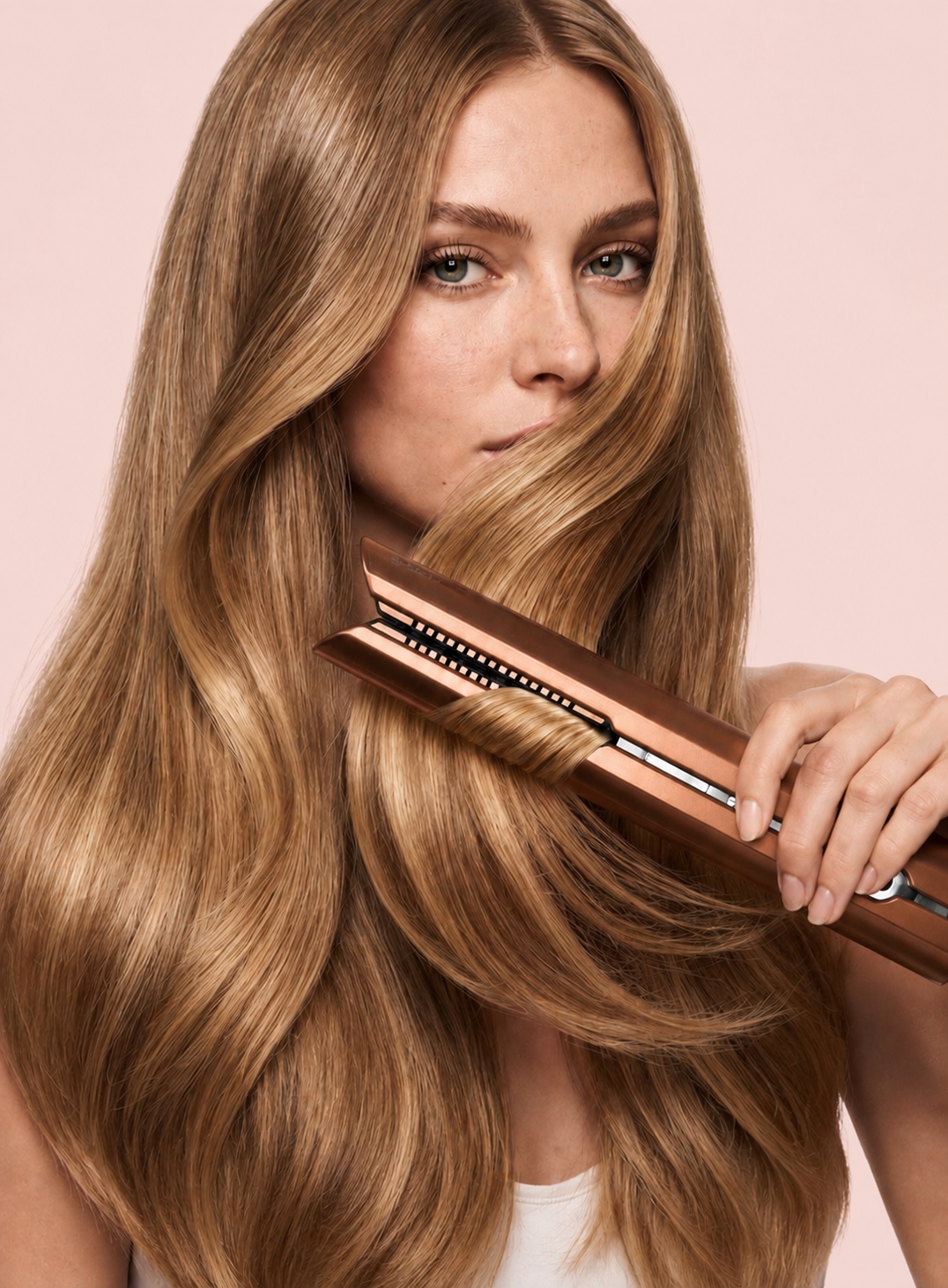 ghd copper Chronos styler held against long honey-blonde waves