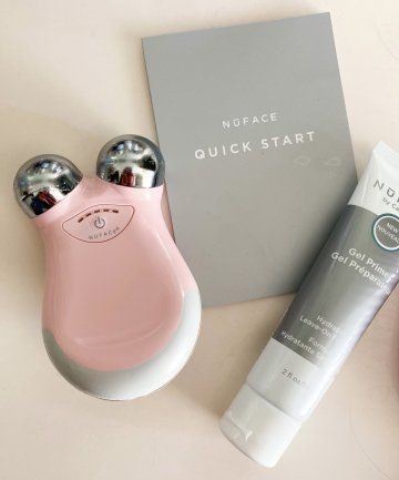 NuFACE Trinity, Gel Primer and Quick Start guide on pink — the at-home microcurrent system