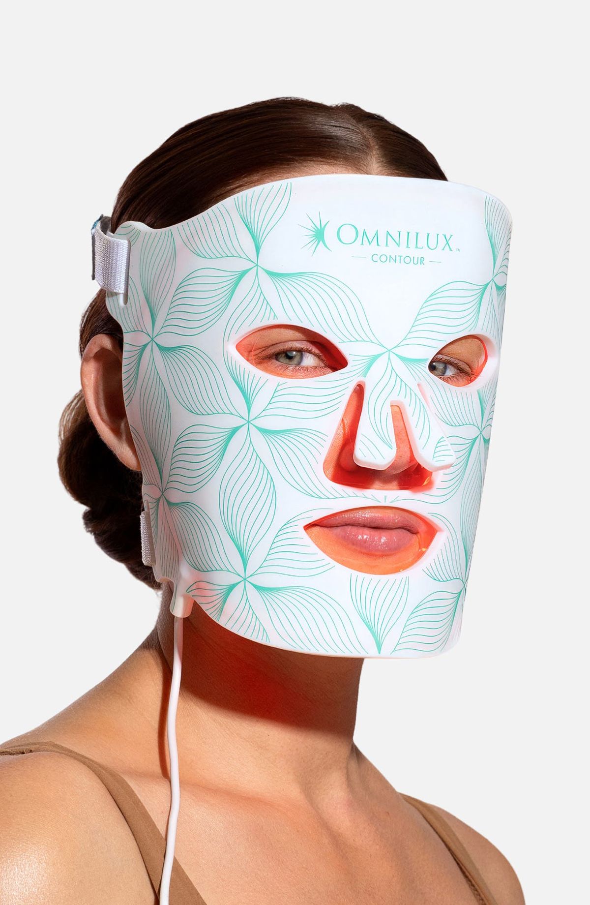 Omnilux Contour Face worn full mask portrait — flexible silicone, clinical-grade LED