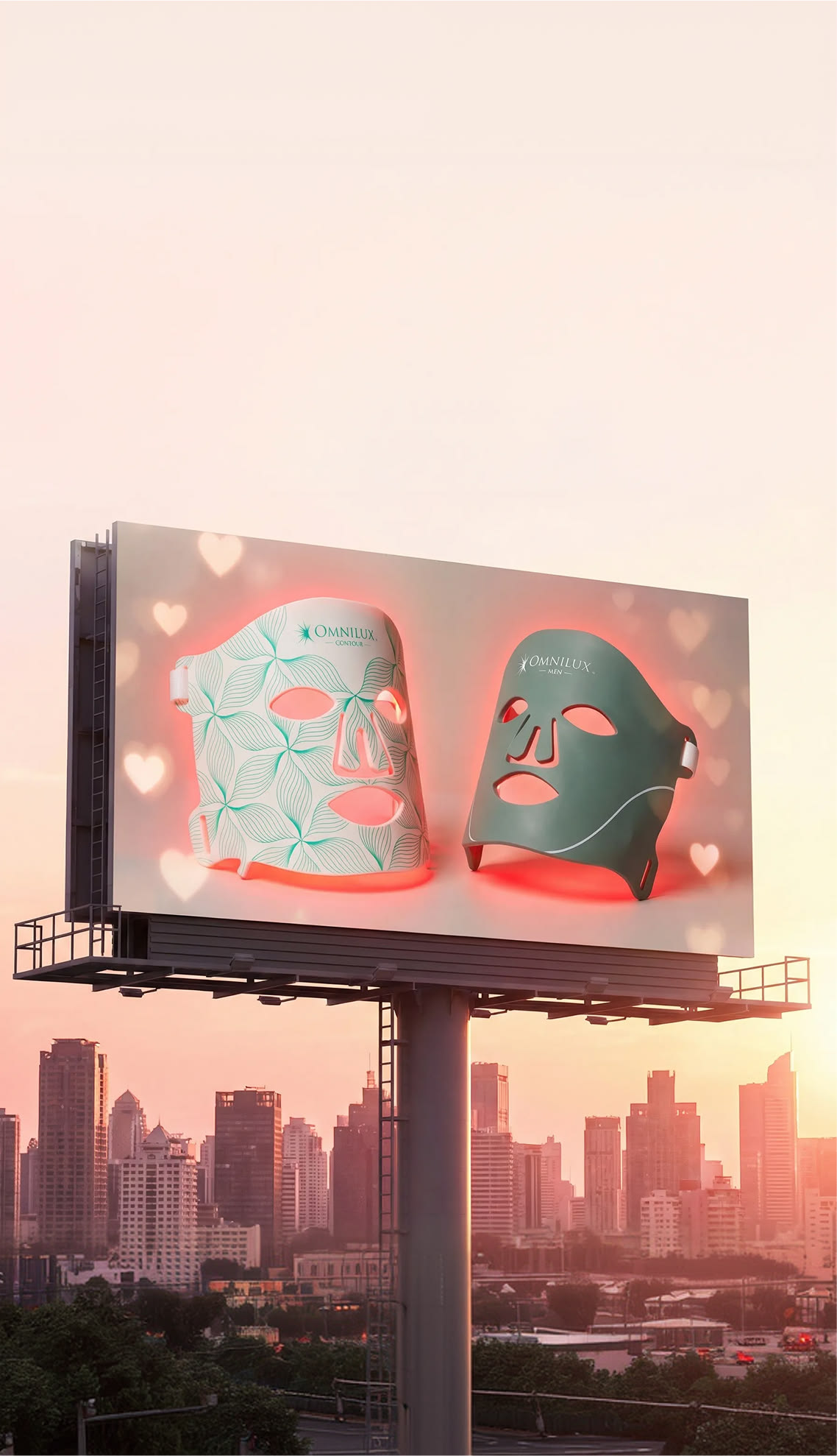 Omnilux billboard at sunset over the city — the LED category at scale