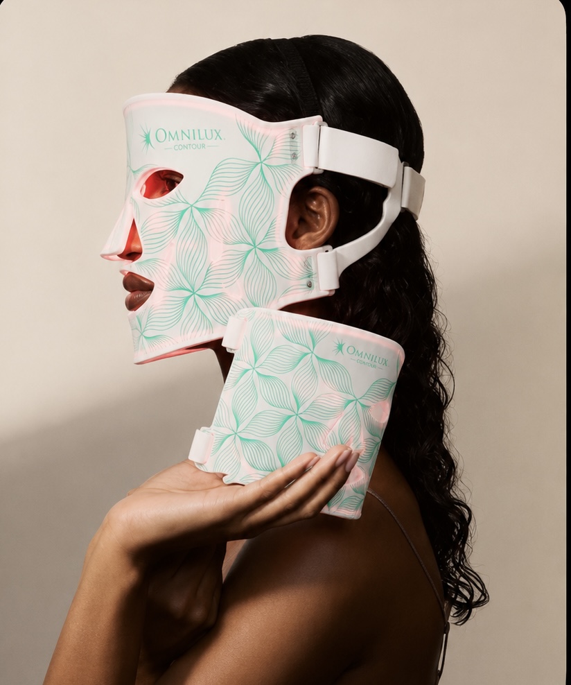 Omnilux Contour Face LED mask and Contour Neck device worn on a model