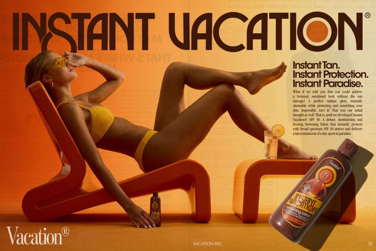 Instant Vacation magazine editorial spread — bikini model with browning lotion