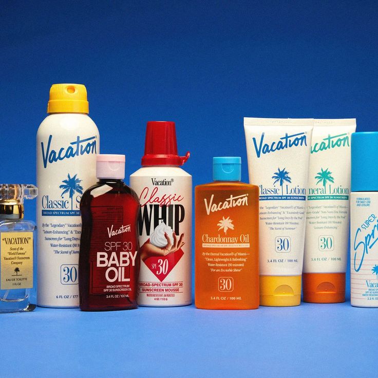 Vacation sunscreen full range — Classic, Whip, Baby Oil, Chardonnay, EDT