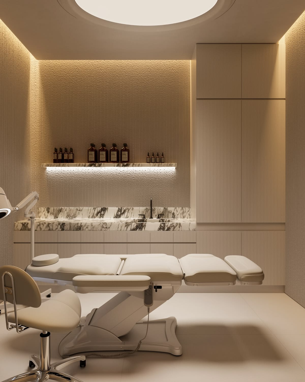Editorial portrait of a luxury treatment room — warm-lit twin beds against a bronze-toned arched alcove.