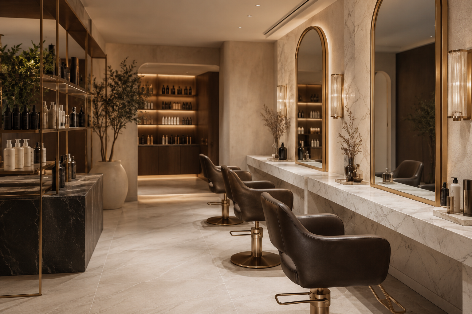 Editorial portrait of a luxury Australian skin clinic interior — chairs, mirrors and marble.