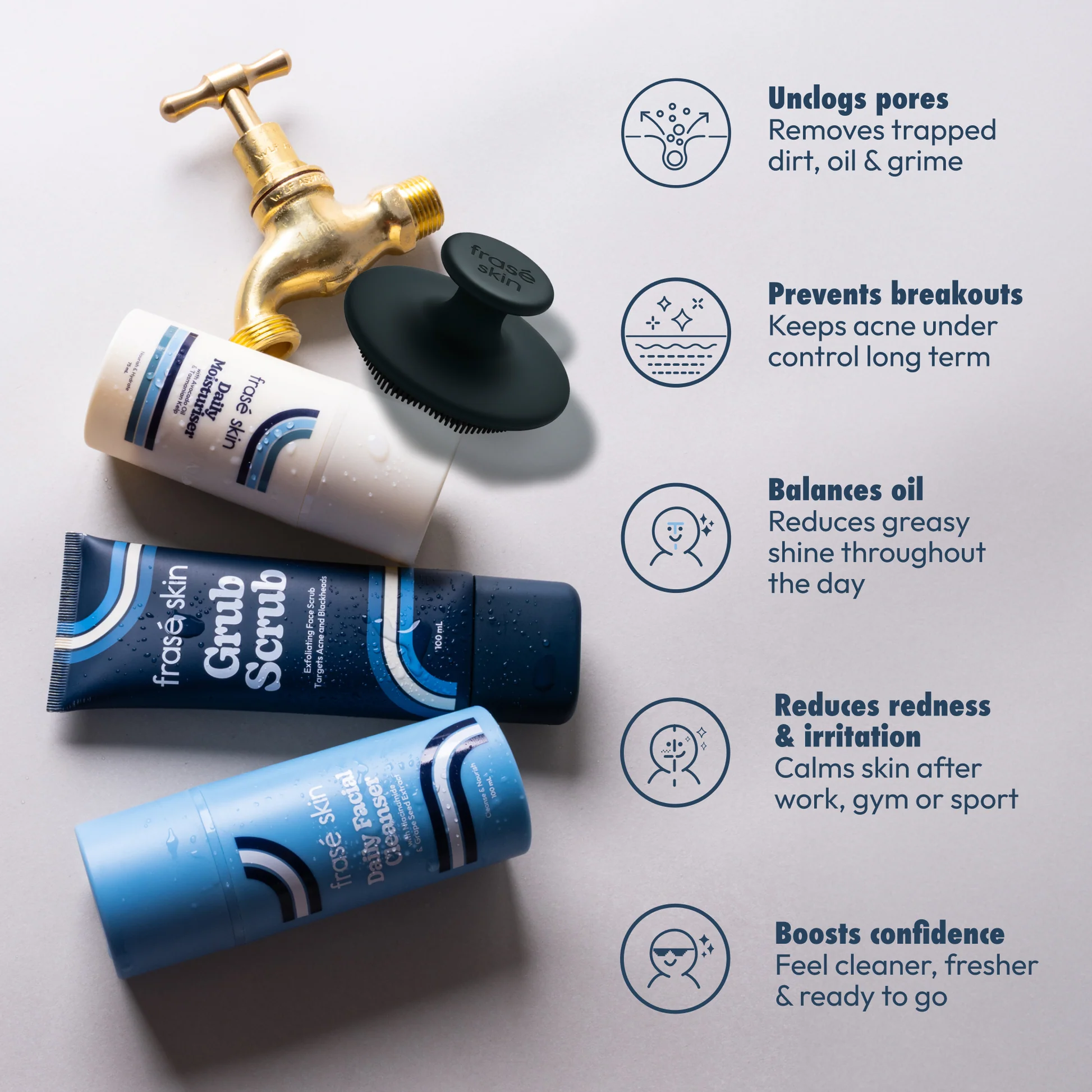 Frasé Skin Ultimate Starter Kit flatlay — cleanser, scrub, moisturiser and SPF50 on warm cream background