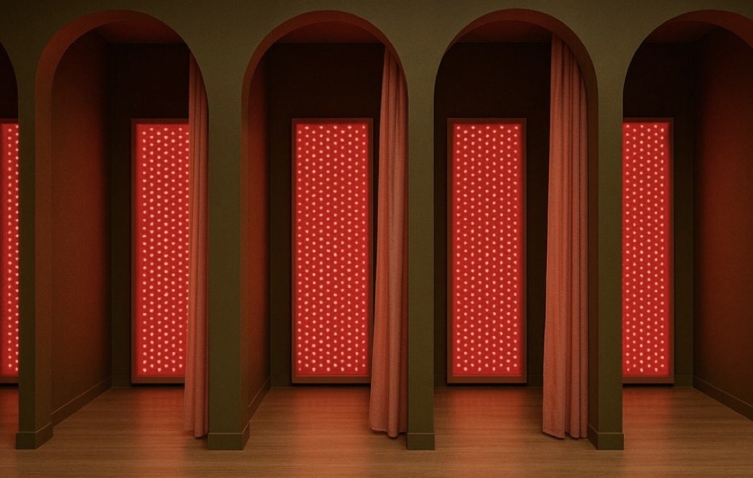 Red-light therapy studio with arched recovery alcoves