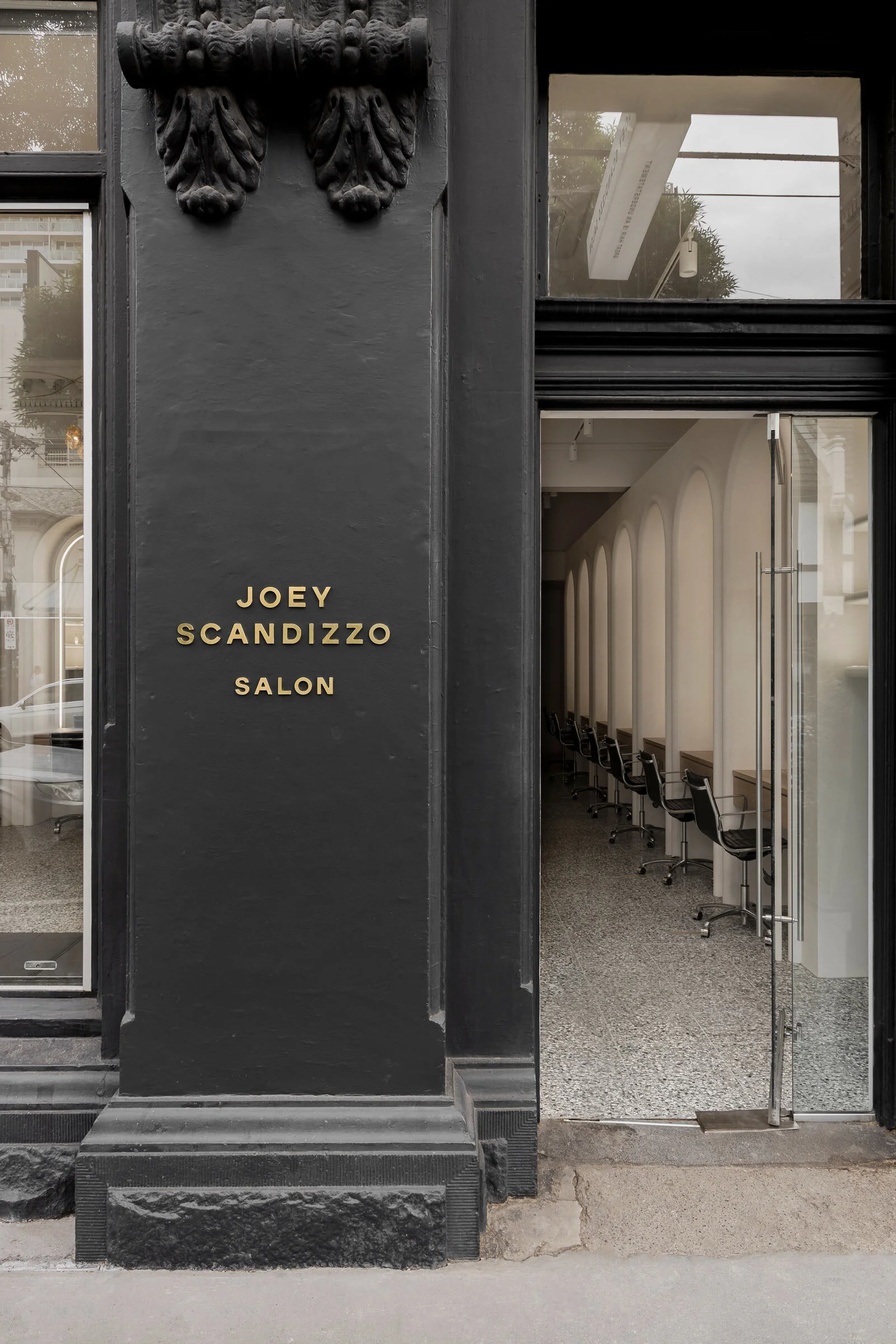 Joey Scandizzo Salon facade gold lettering