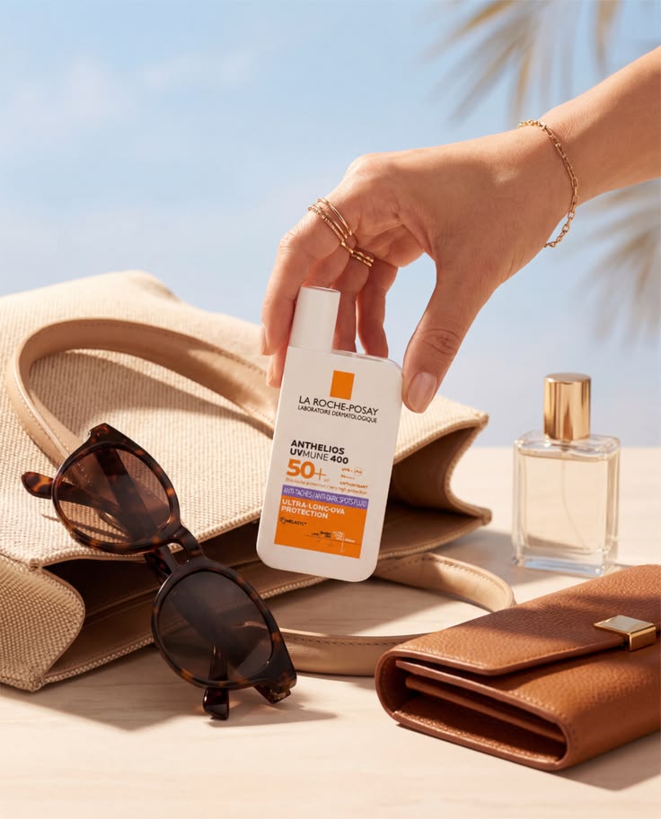 SPF50+ sunscreen in hand at the beach