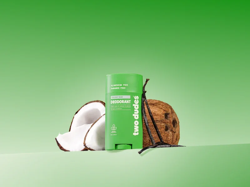 Two Dudes Coconut Rush Deodorant campaign, coconut and vanilla on green
